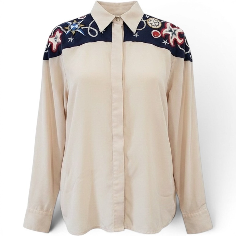 Vintage Cedar Silk Blouse Size 8 Cream Navy Nautical Leather Patch Top Nautical
